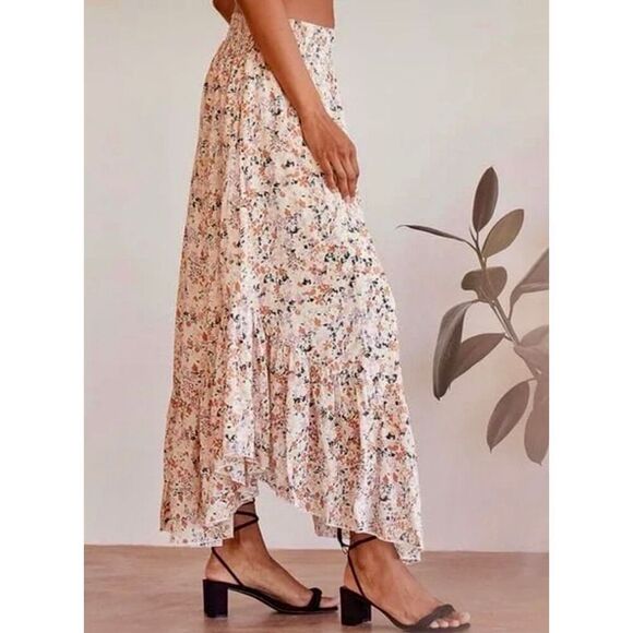 Free People Midi Skirt Ditsy Floral size XS Multicolor Boho Pull On Ruffles - Picture 2 of 12